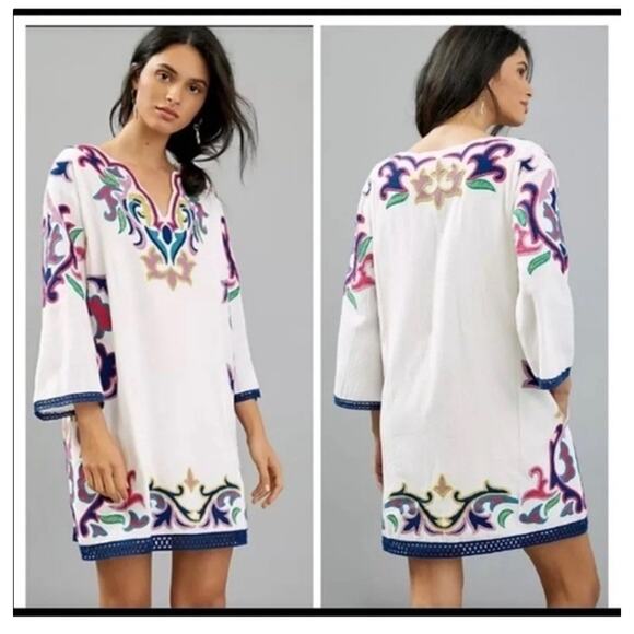 Anthropologie Maeve Olympia Dress S Embroidered Cotton Linen Tunic Boho Resort - Picture 4 of 4